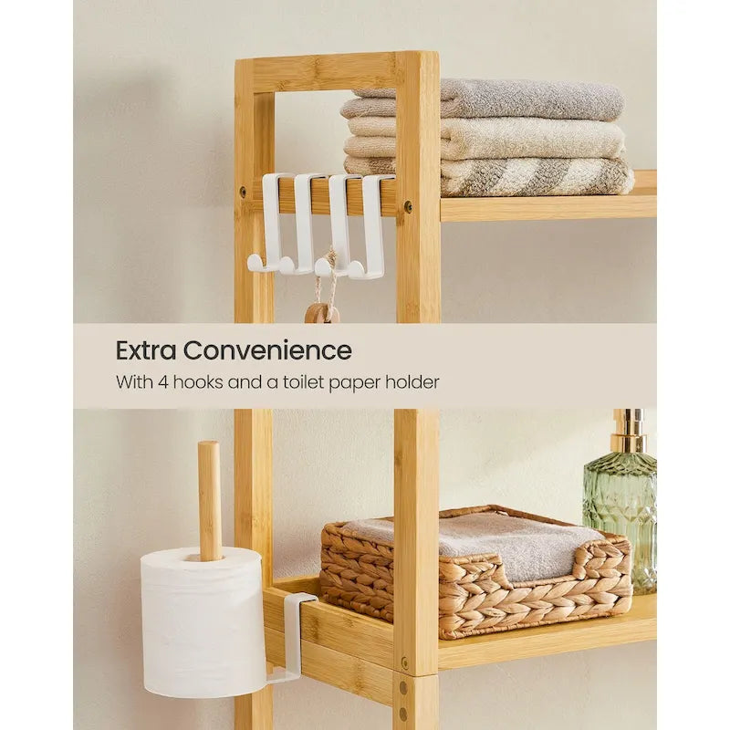 Étagère de rangement gain de place à 4 niveaux au-dessus des toilettes avec étagères réglables et cadre en osier - 83,1 L x 25,9 l x 184,9 H (cm)