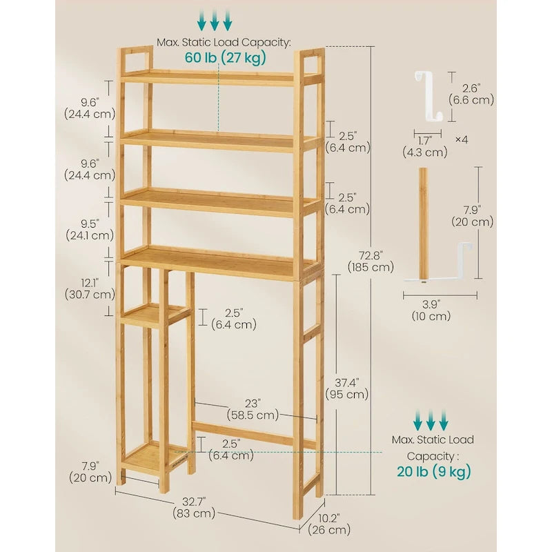 Étagère de rangement gain de place à 4 niveaux au-dessus des toilettes avec étagères réglables et cadre en osier - 83,1 L x 25,9 l x 184,9 H (cm)