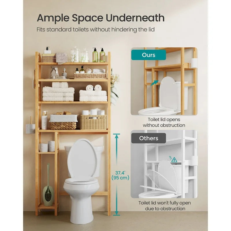 Étagère de rangement gain de place à 4 niveaux au-dessus des toilettes avec étagères réglables et cadre en osier - 83,1 L x 25,9 l x 184,9 H (cm)