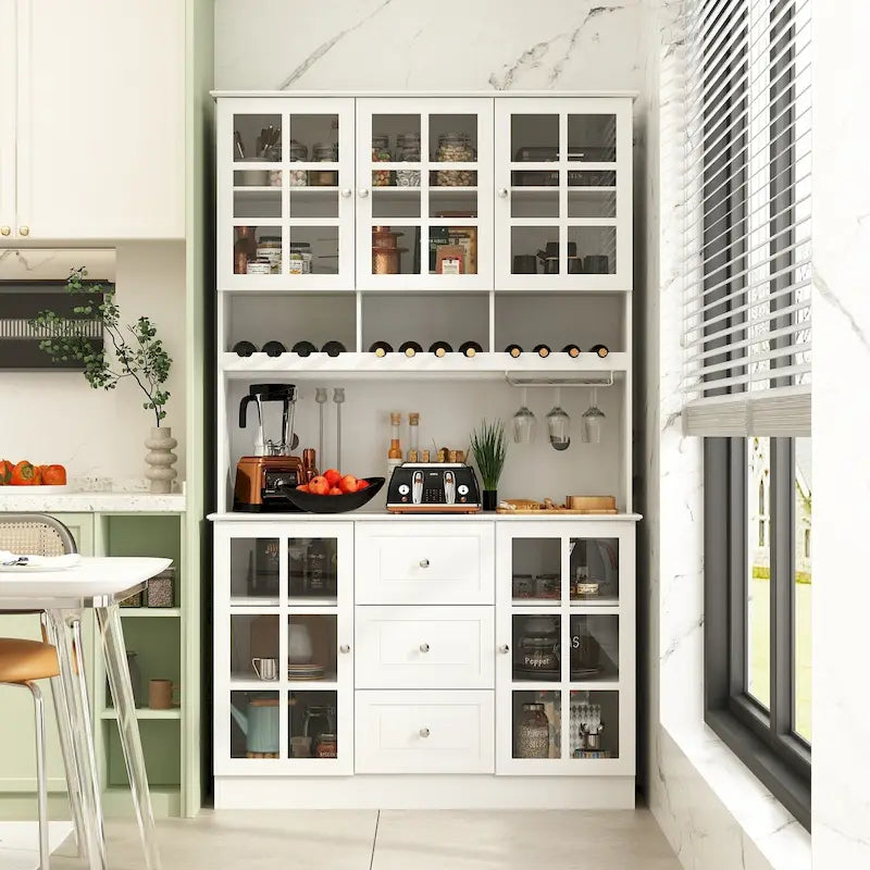 Buffet de garde-manger de 78,9 po avec porte-verres à vin, tiroirs et huche - Blanc