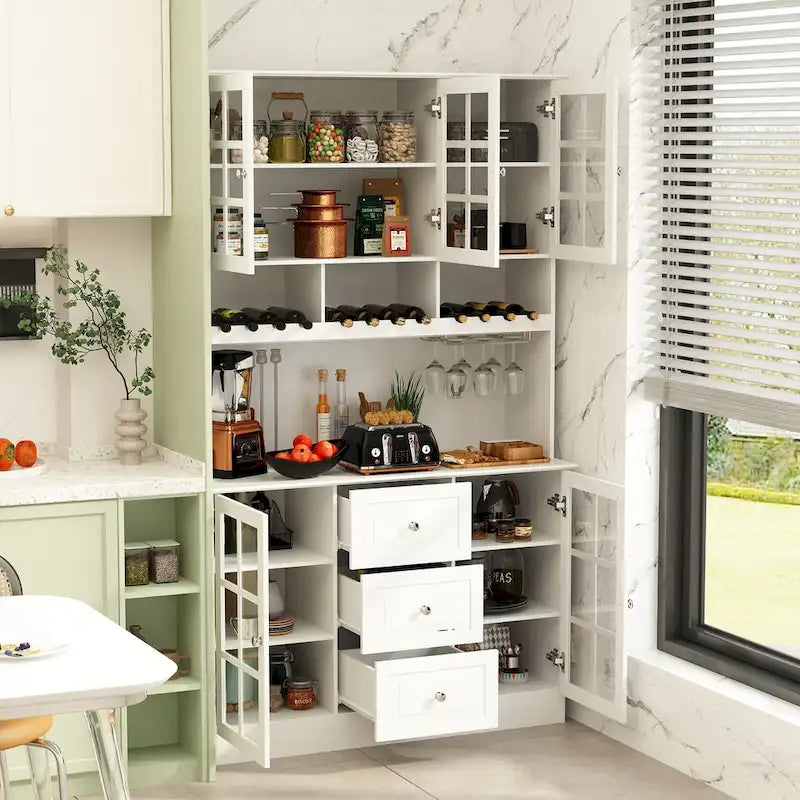 Buffet de garde-manger de 78,9 po avec porte-verres à vin, tiroirs et huche - Blanc