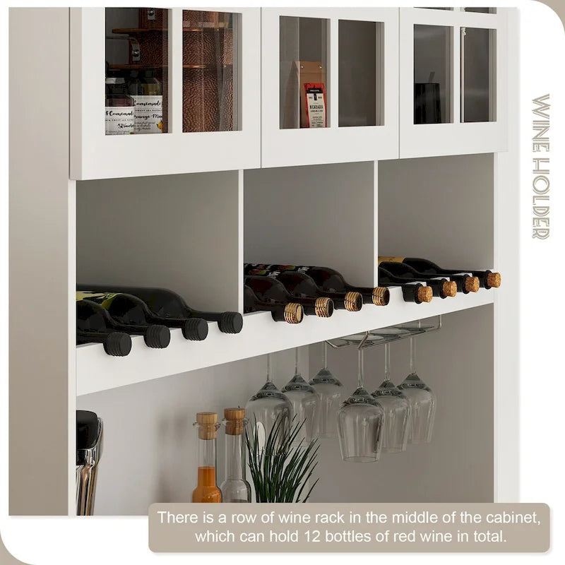 Buffet de garde-manger de 78,9 po avec porte-verres à vin, tiroirs et huche - Blanc