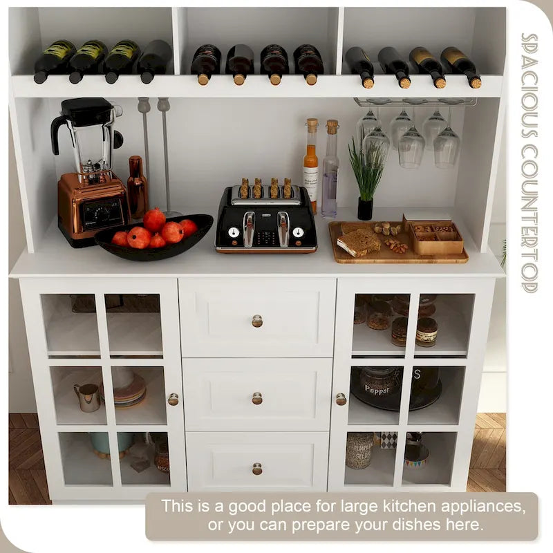 Buffet de garde-manger de 78,9 po avec porte-verres à vin, tiroirs et huche - Blanc