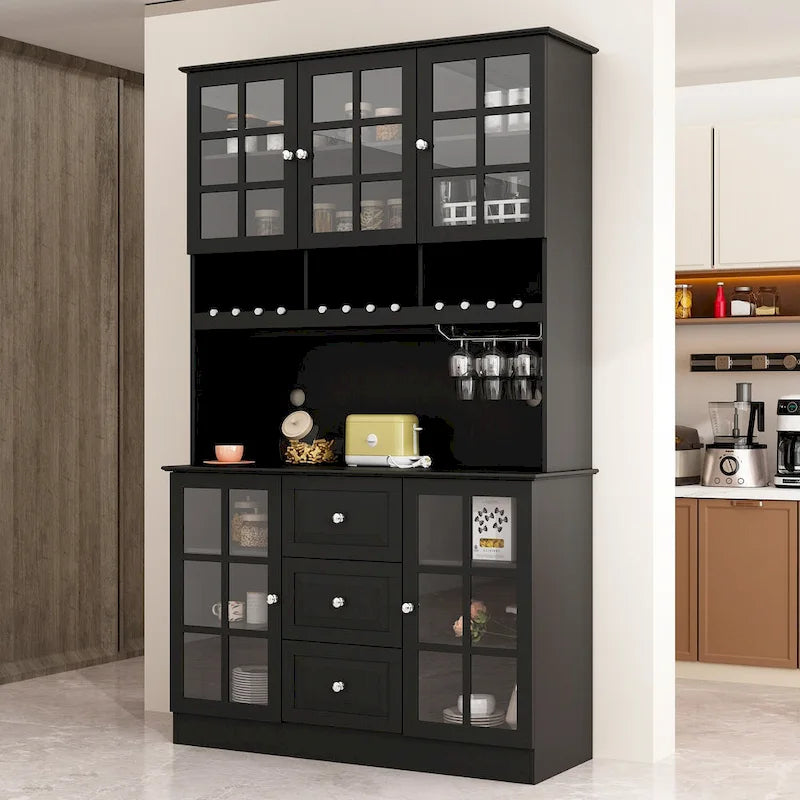 Buffet de garde-manger de 78,9 po avec porte-verres à vin, tiroirs et huche - Blanc