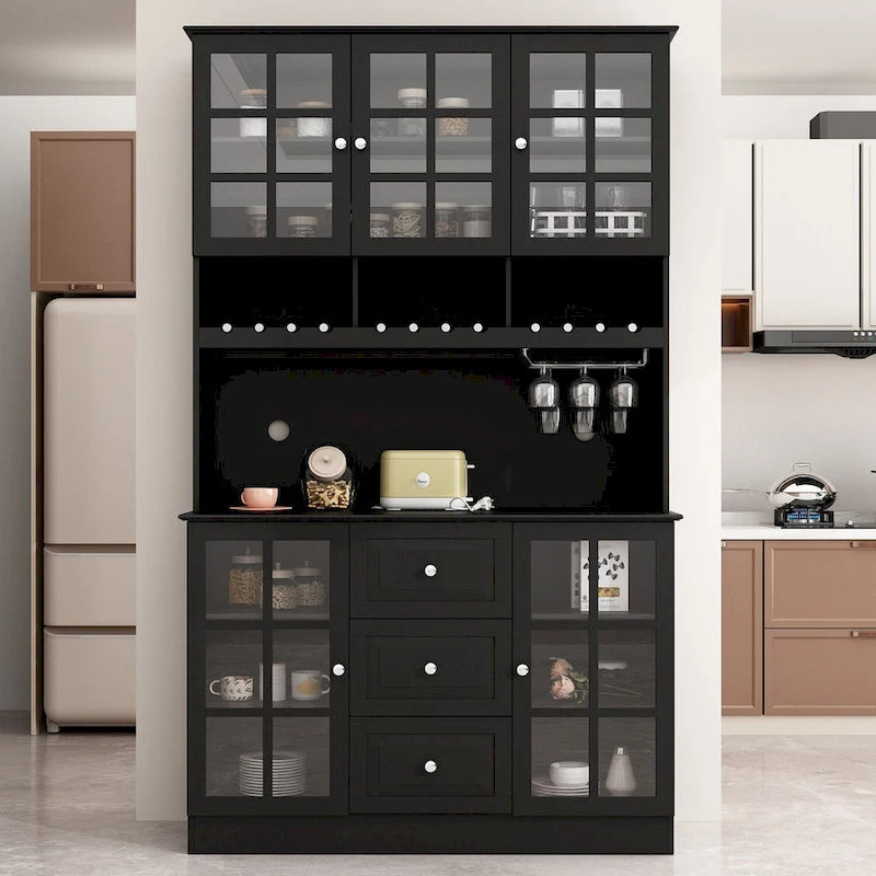 Buffet de garde-manger de 78,9 po avec porte-verres à vin, tiroirs et huche - Blanc