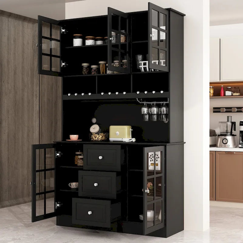 Buffet de garde-manger de 78,9 po avec porte-verres à vin, tiroirs et huche - Blanc