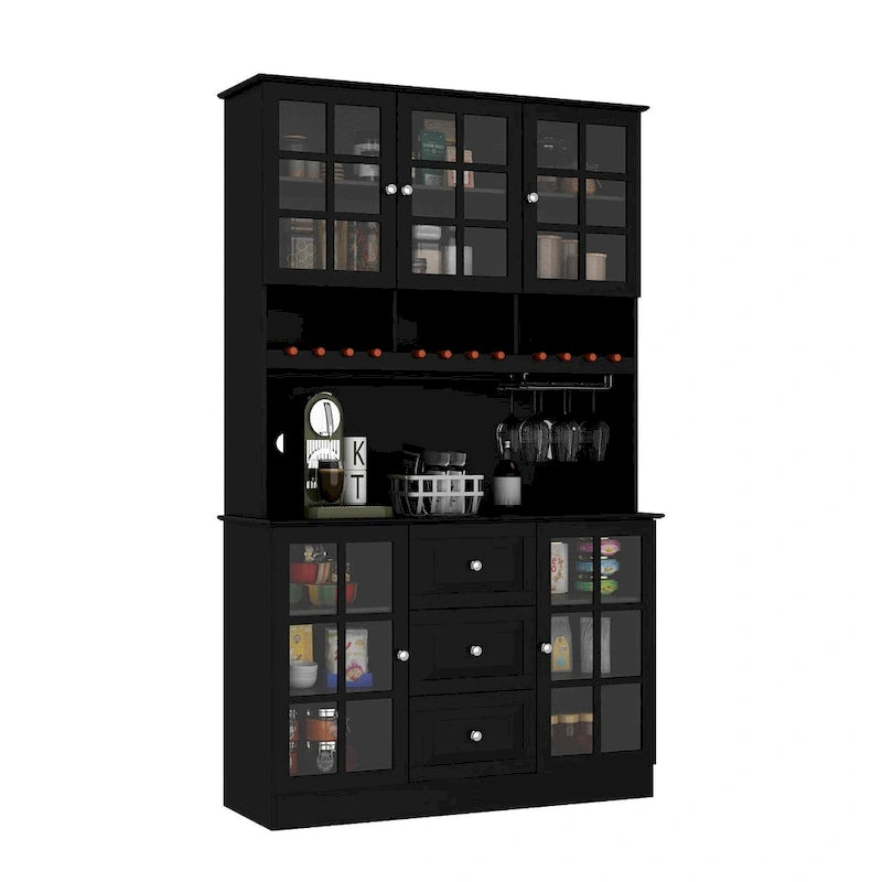 Buffet de garde-manger de 78,9 po avec porte-verres à vin, tiroirs et huche - Blanc
