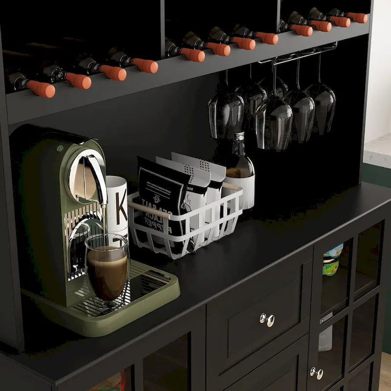 Buffet de garde-manger de 78,9 po avec porte-verres à vin, tiroirs et huche - Blanc