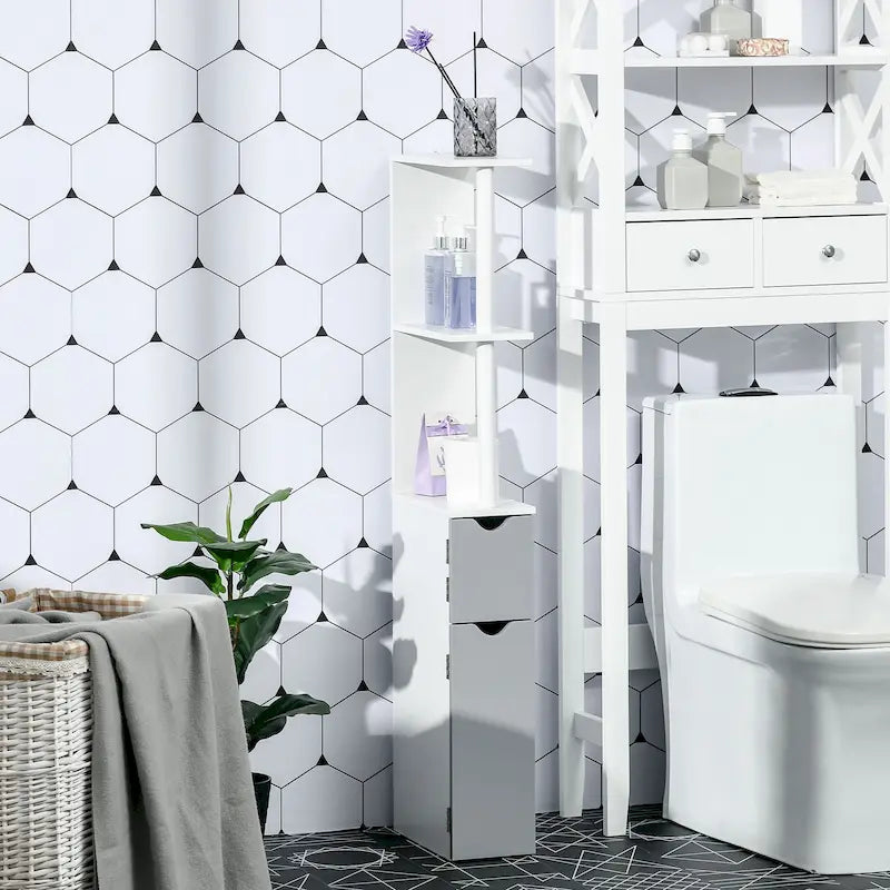 Meuble de rangement haut de salle de bain avec 2 étagères ouvertes et 2 placards à portes – Colonne de rangement autoportante