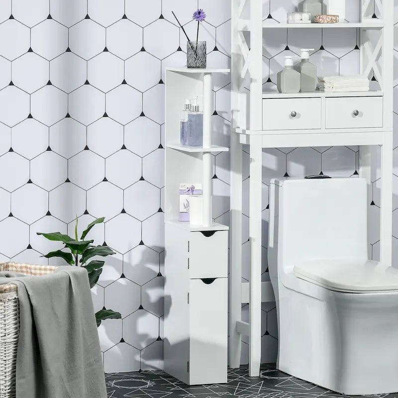 Meuble de rangement haut de salle de bain avec 2 étagères ouvertes et 2 placards à portes – Colonne de rangement autoportante