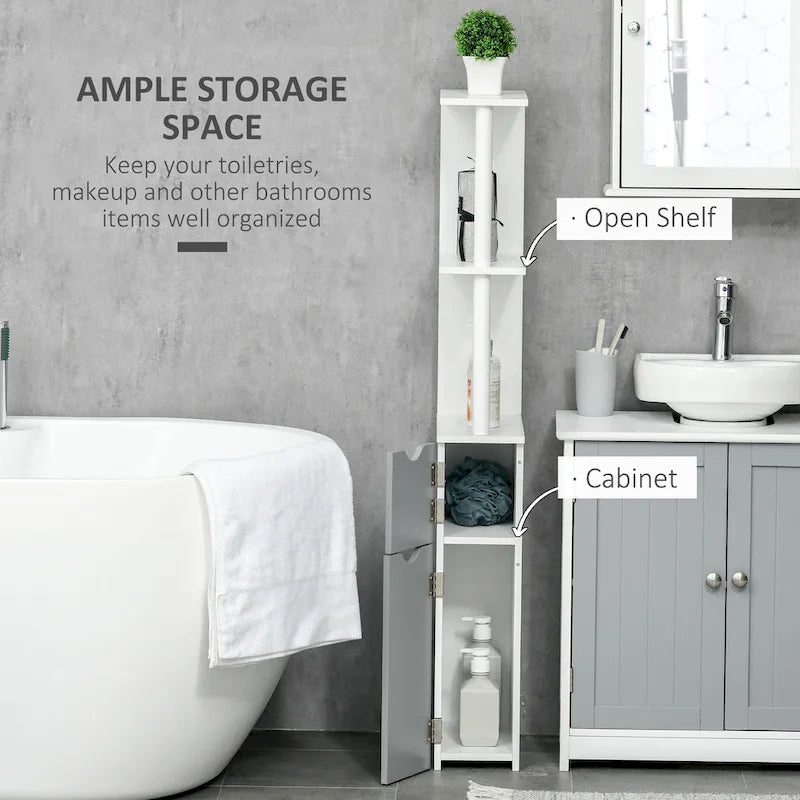 Meuble de rangement haut de salle de bain avec 2 étagères ouvertes et 2 placards à portes – Colonne de rangement autoportante