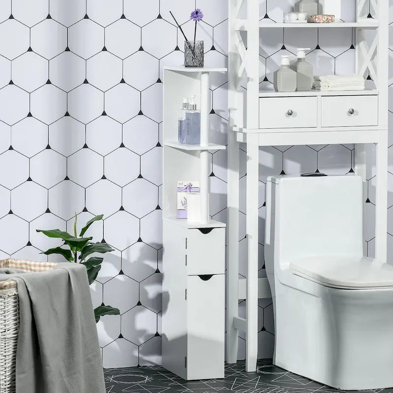 Meuble de rangement haut de salle de bain avec 2 étagères ouvertes et 2 placards à portes – Colonne de rangement autoportante