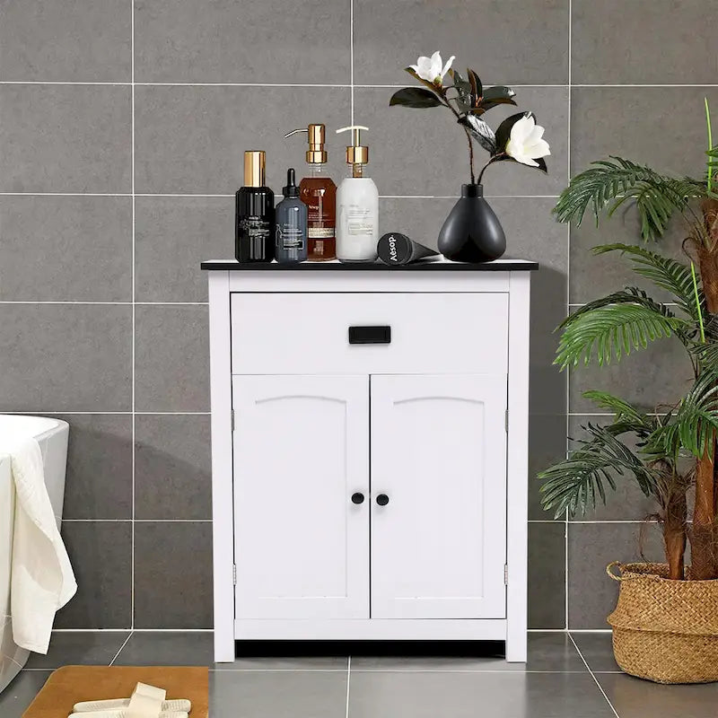 White and Black Wood Bathroom Storage Linen Cabinet - 31.9 H x 23.6 W x 11.8 D