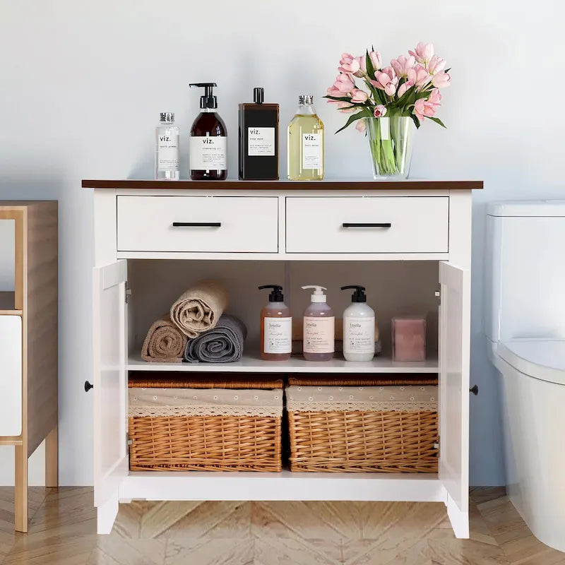 Buffet bas 2 tiroirs 2 portes en bois blanc - 83,39 H x 90,96 L x 40,01 P cm