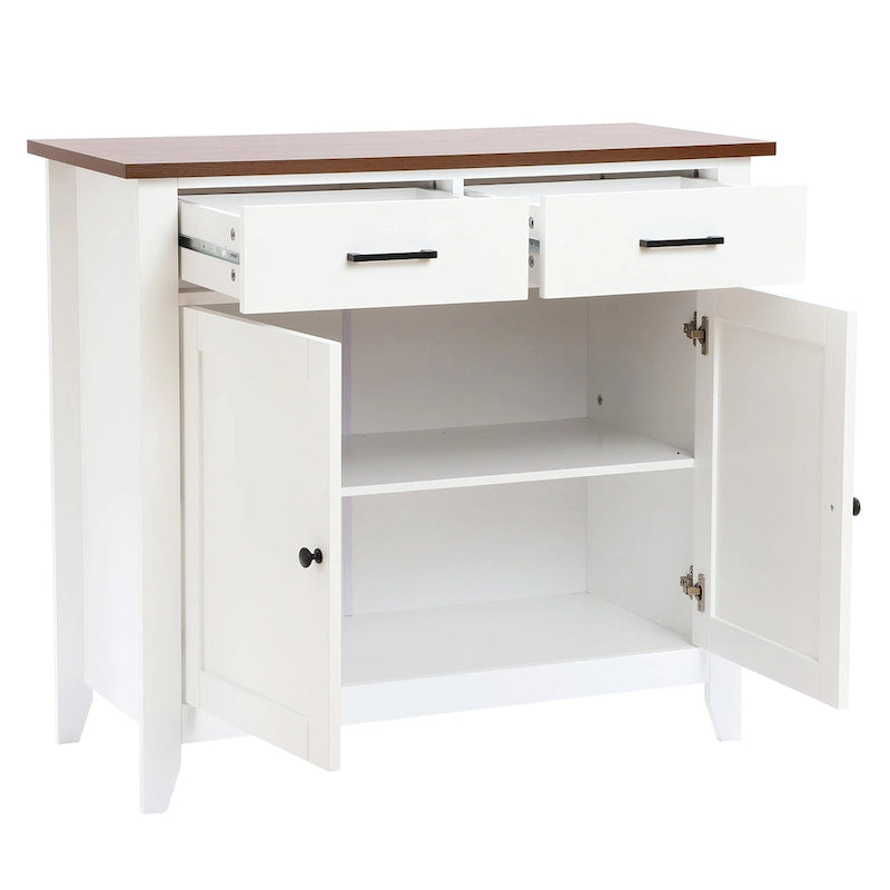 Buffet bas 2 tiroirs 2 portes en bois blanc - 83,39 H x 90,96 L x 40,01 P cm