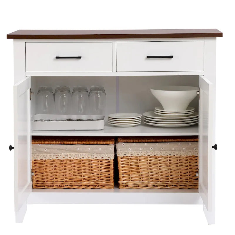 Buffet bas 2 tiroirs 2 portes en bois blanc - 83,39 H x 90,96 L x 40,01 P cm