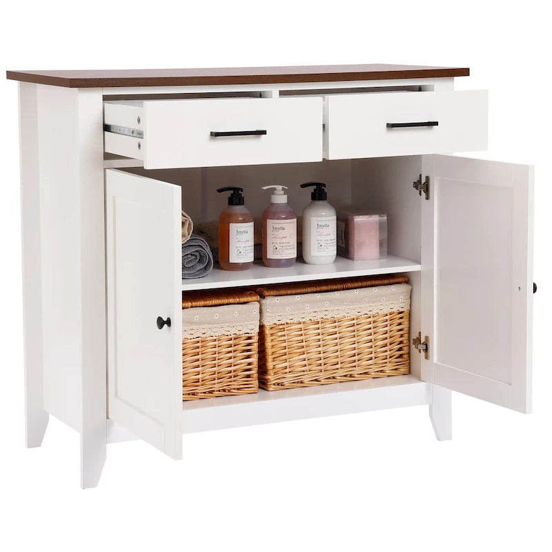 Buffet bas 2 tiroirs 2 portes en bois blanc - 83,39 H x 90,96 L x 40,01 P cm