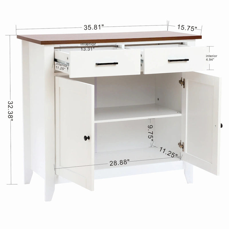 Buffet bas 2 tiroirs 2 portes en bois blanc - 83,39 H x 90,96 L x 40,01 P cm