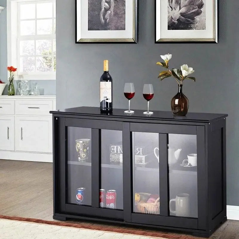 Buffet bas de salle à manger noir avec 2 portes coulissantes en verre – 62,5 cm (H) x 106,4 cm (L) x 33 cm (P)