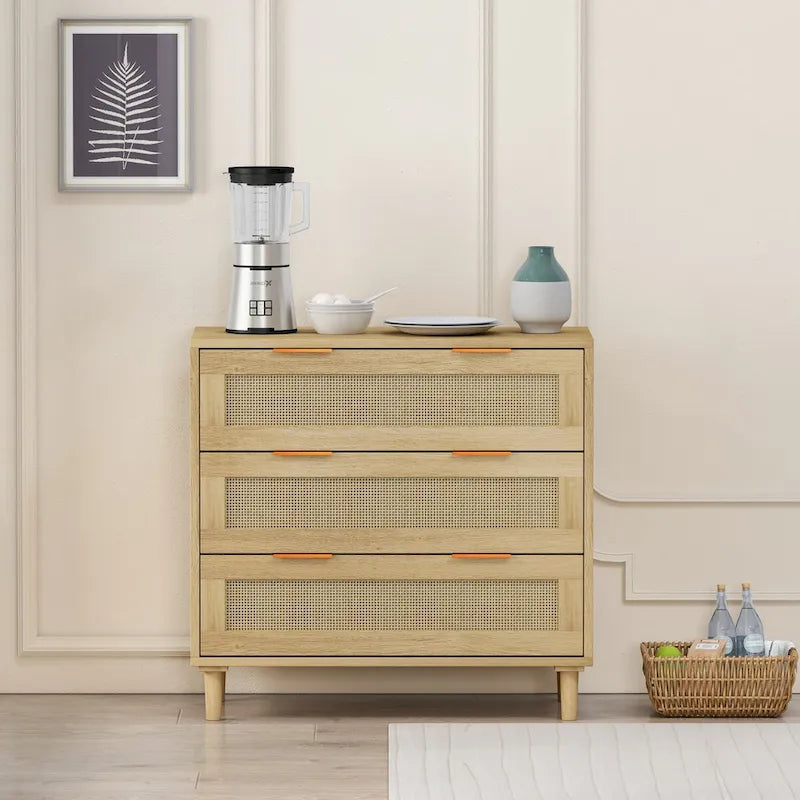Armoire de rangement en rotin à 3 tiroirs de 31,5 po pour chambre, salon, salle à manger
