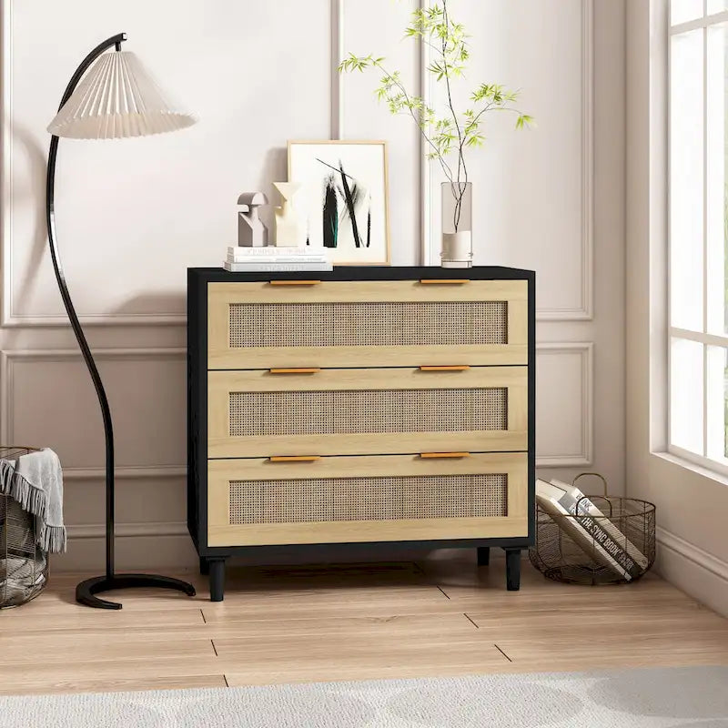 Armoire de rangement en rotin à 3 tiroirs de 31,5 po pour chambre, salon, salle à manger