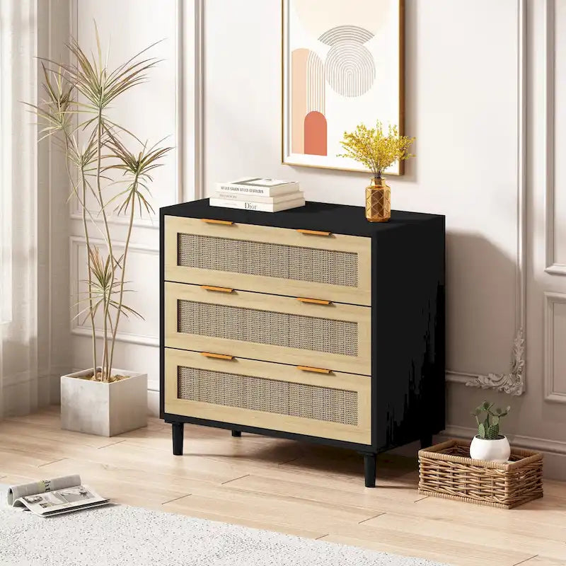 Armoire de rangement en rotin à 3 tiroirs de 31,5 po pour chambre, salon, salle à manger