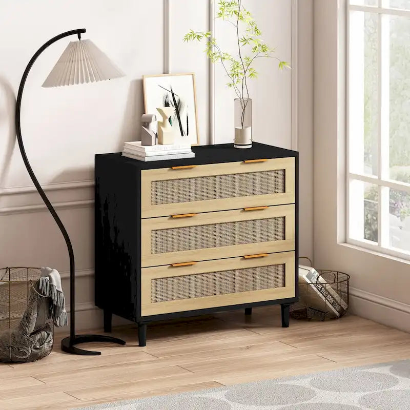 Armoire de rangement en rotin à 3 tiroirs de 31,5 po pour chambre, salon, salle à manger