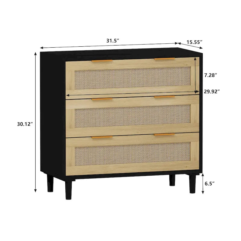 Armoire de rangement en rotin à 3 tiroirs de 31,5 po pour chambre, salon, salle à manger