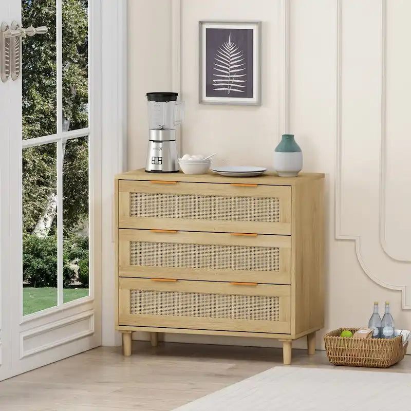Armoire de rangement en rotin à 3 tiroirs de 31,5 po pour chambre, salon, salle à manger