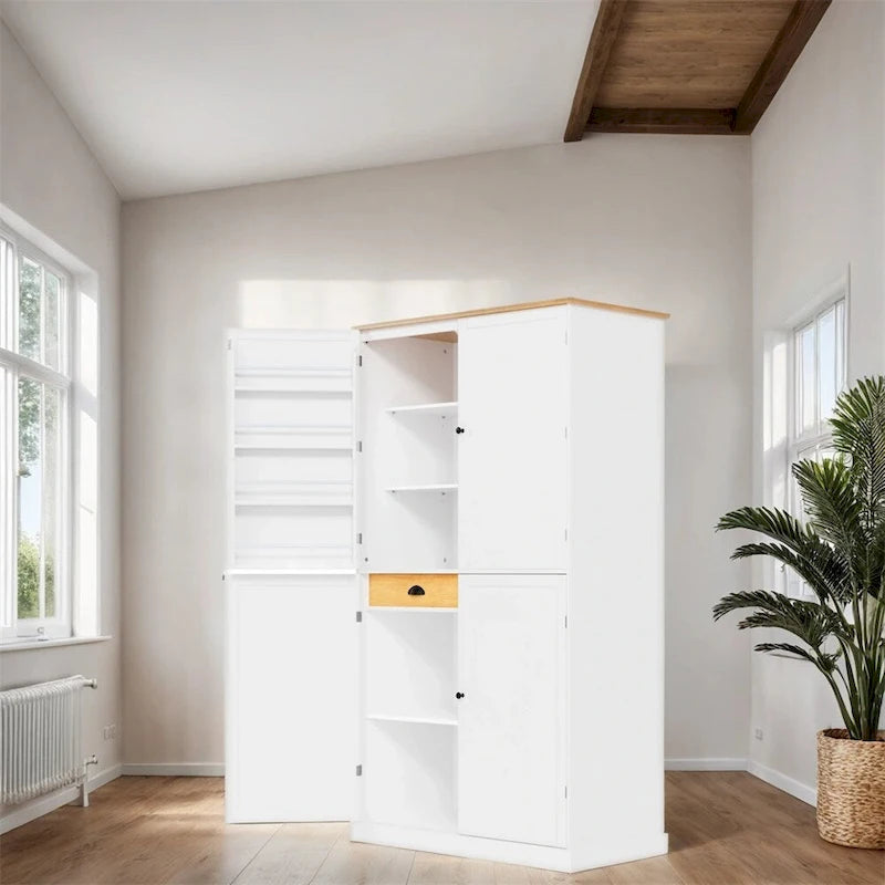 Armoire de cuisine autoportante avec tiroir, étagères réglables, étagères de porte