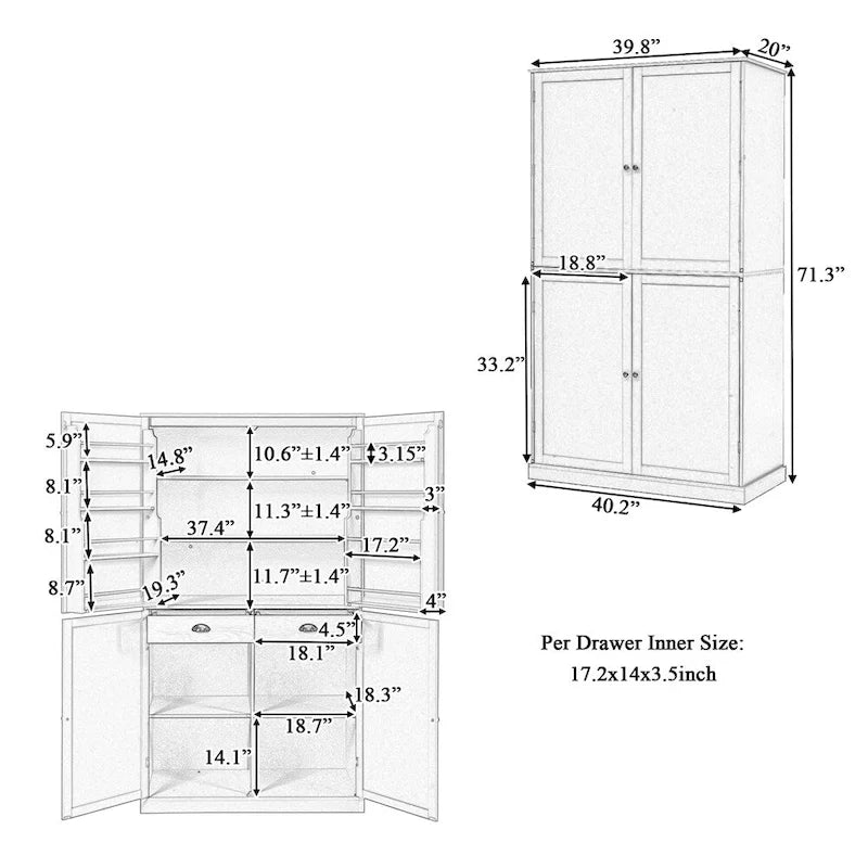 Armoire de cuisine autoportante avec tiroir, étagères réglables, étagères de porte