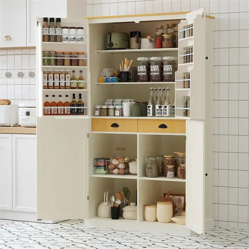 Armoire de cuisine autoportante avec tiroir, étagères réglables, étagères de porte