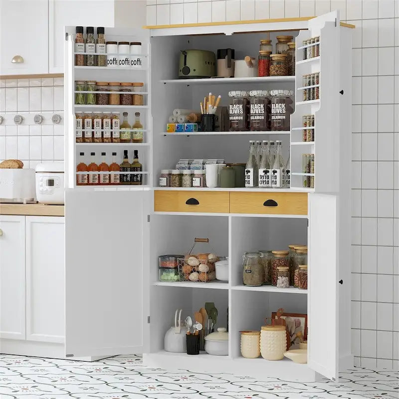 Armoire de cuisine autoportante avec tiroir, étagères réglables, étagères de porte