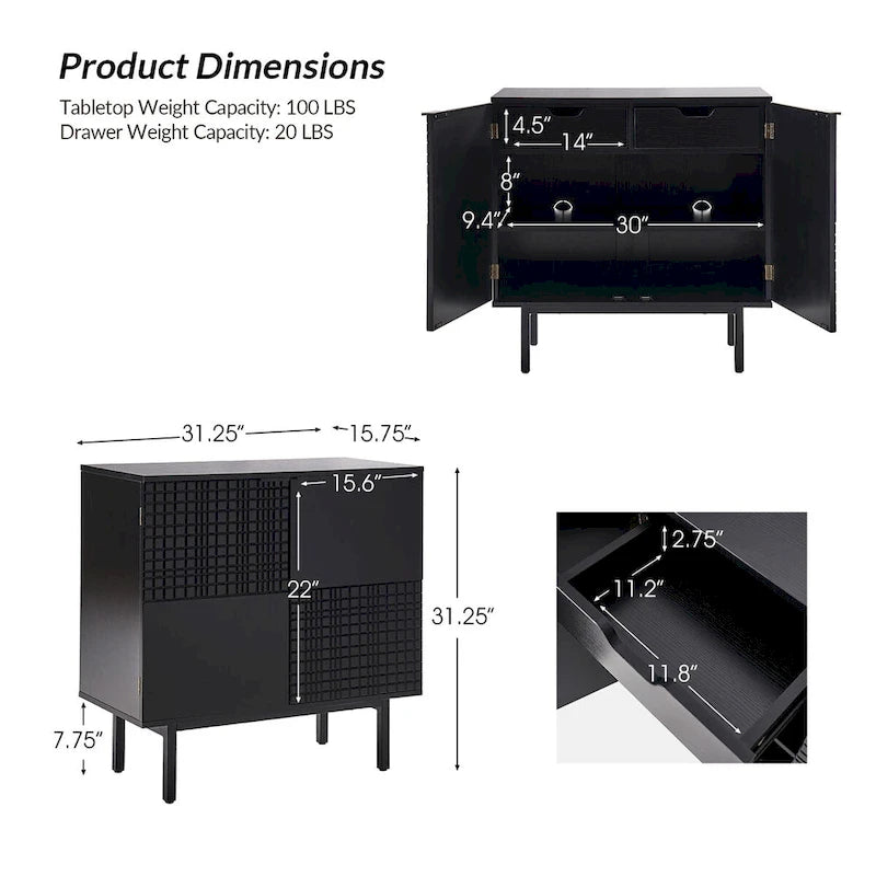 Meuble d'appoint moderne de 76 cm de haut à 2 portes avec pieds en métal