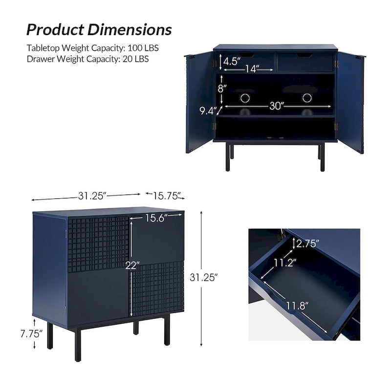 Meuble d'appoint moderne de 76 cm de haut à 2 portes avec pieds en métal