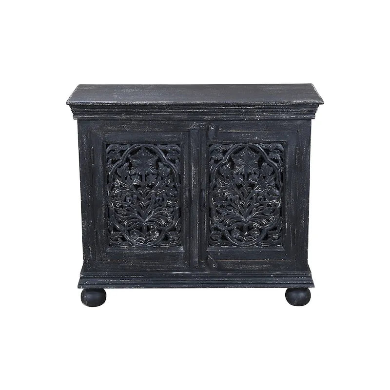 Meuble d'appoint 2 portes sculpté à la main noir