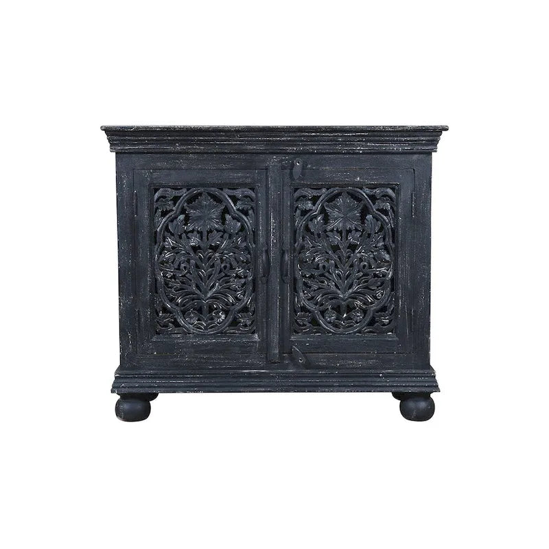Meuble d'appoint 2 portes sculpté à la main noir
