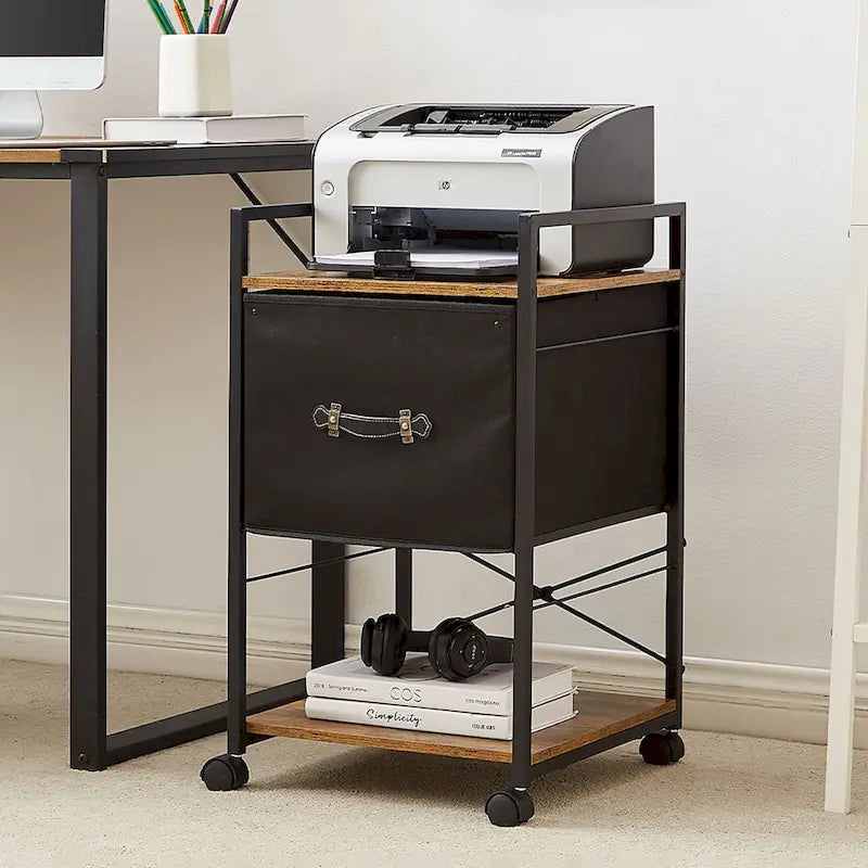 Meuble de Rangement Mobile avec Tiroir en Tissu et Support d'Imprimante en Métal - Convient aux Documents A4 ou de Taille Similaire