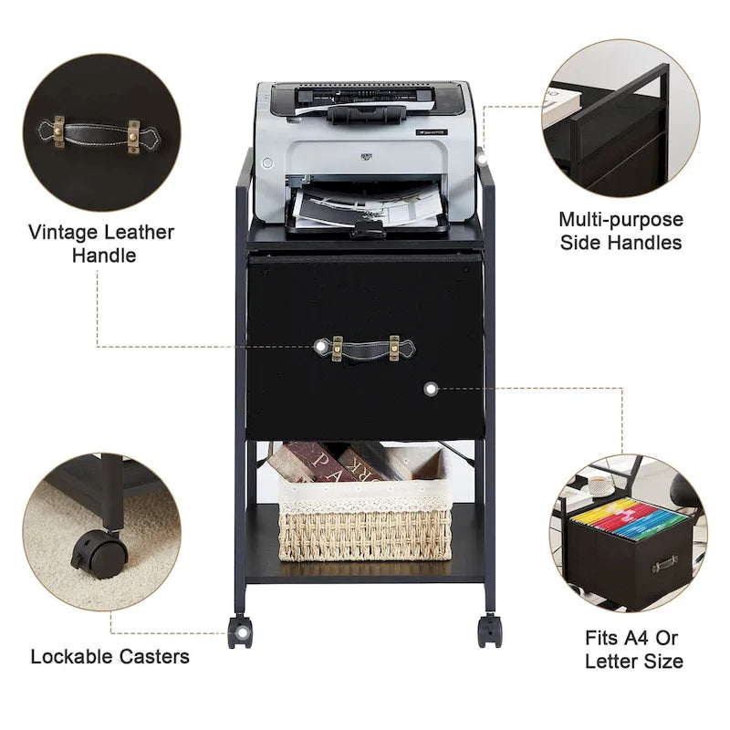 Meuble de Rangement Mobile avec Tiroir en Tissu et Support d'Imprimante en Métal - Convient aux Documents A4 ou de Taille Similaire