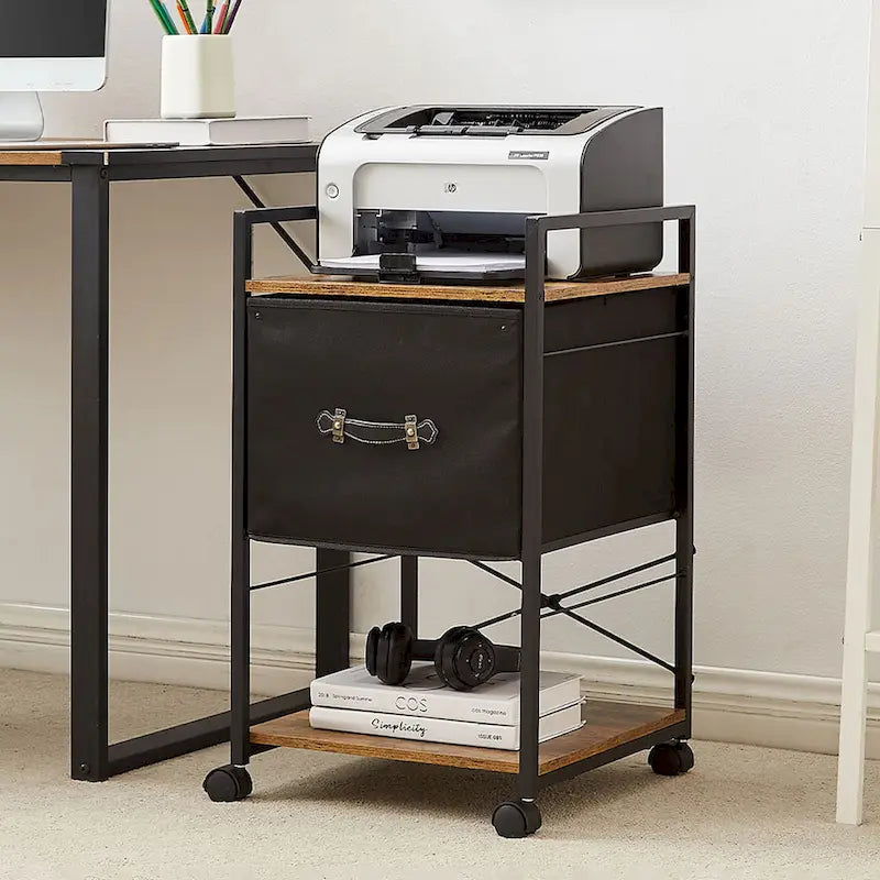 Meuble de Rangement Mobile avec Tiroir en Tissu et Support d'Imprimante en Métal - Convient aux Documents A4 ou de Taille Similaire