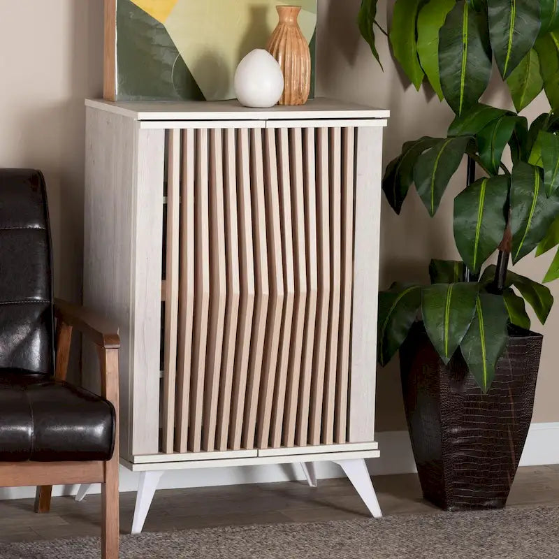 Simona Mid-Century Modern Transitional Light Grey and Brown Wood 2-Door Storage Cabinet
