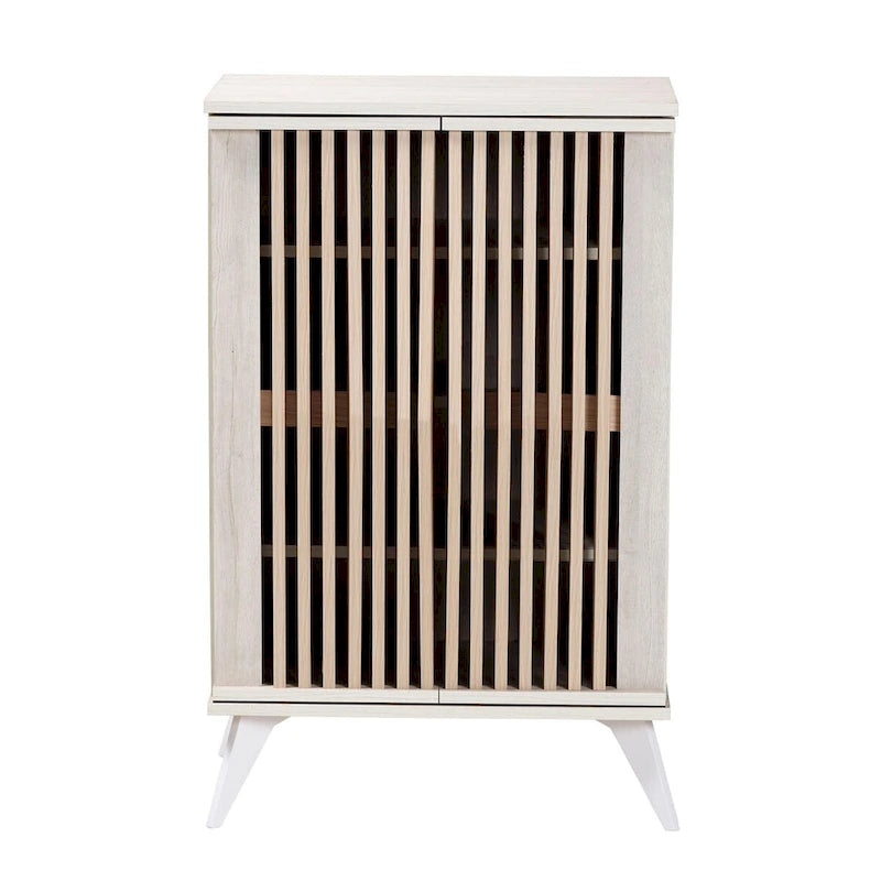 Armoire de rangement 2 portes Mid-Century Modern gris clair et bois brun