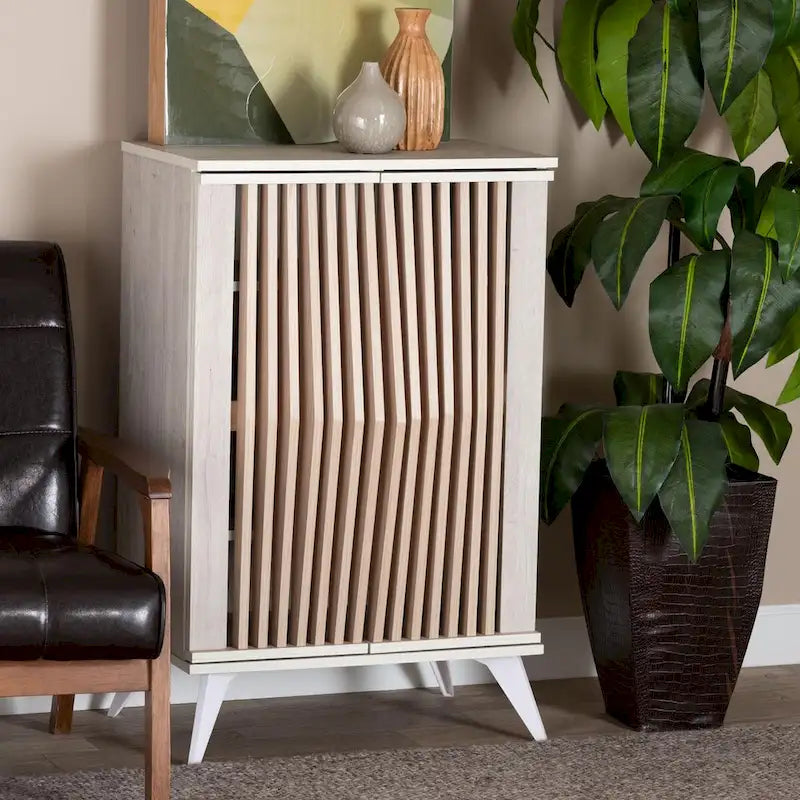 Armoire de rangement 2 portes Mid-Century Modern gris clair et bois brun