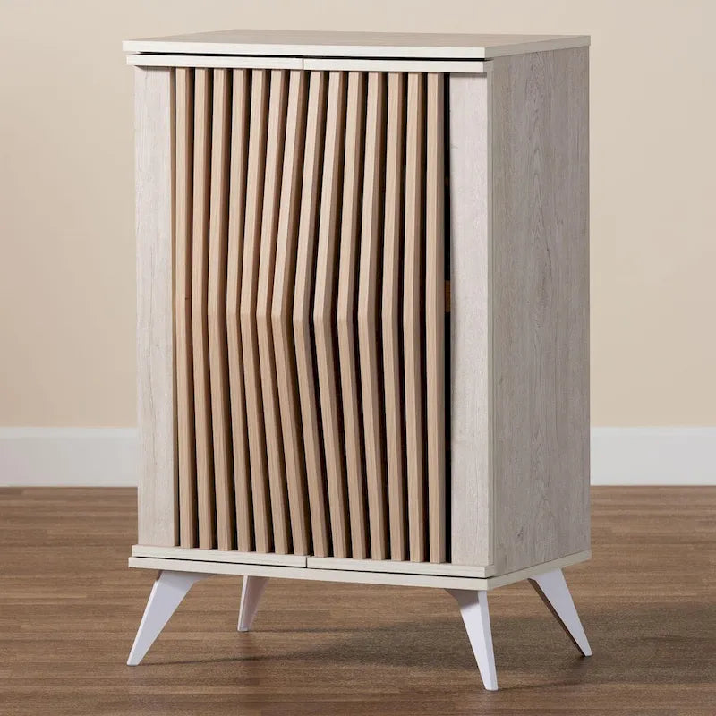 Armoire de rangement 2 portes Mid-Century Modern gris clair et bois brun