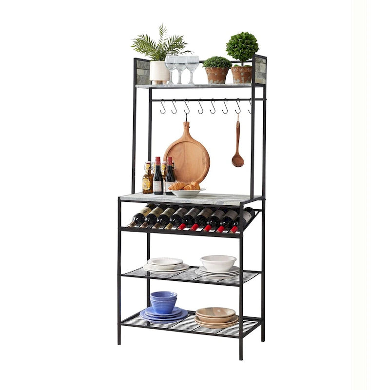 Étagère de boulanger avec étagères de rangement, casier à vin et crochets – Support pour micro-ondes pour cuisine/salle à manger, noir//gris