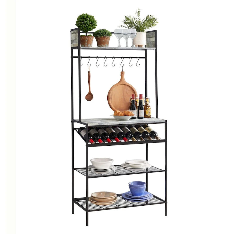 Étagère de boulanger avec étagères de rangement, casier à vin et crochets – Support pour micro-ondes pour cuisine/salle à manger, noir//gris