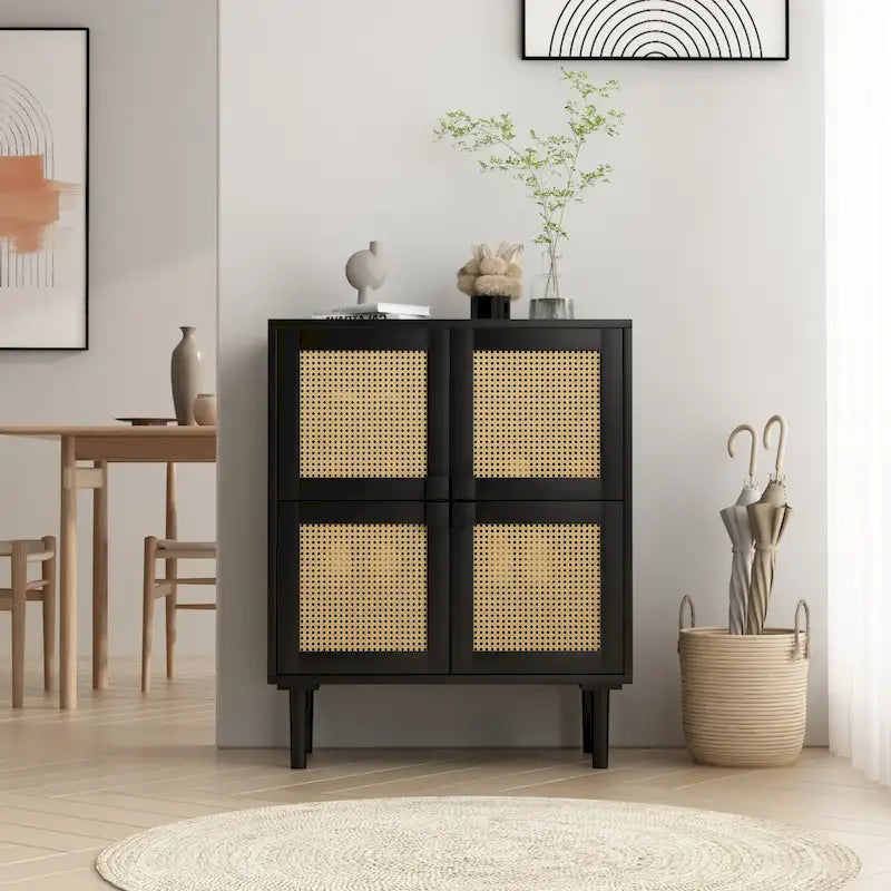 Meuble de rangement 4 portes en cannage de rotin