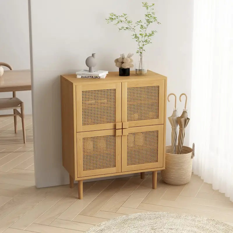 Meuble de rangement 4 portes en cannage de rotin