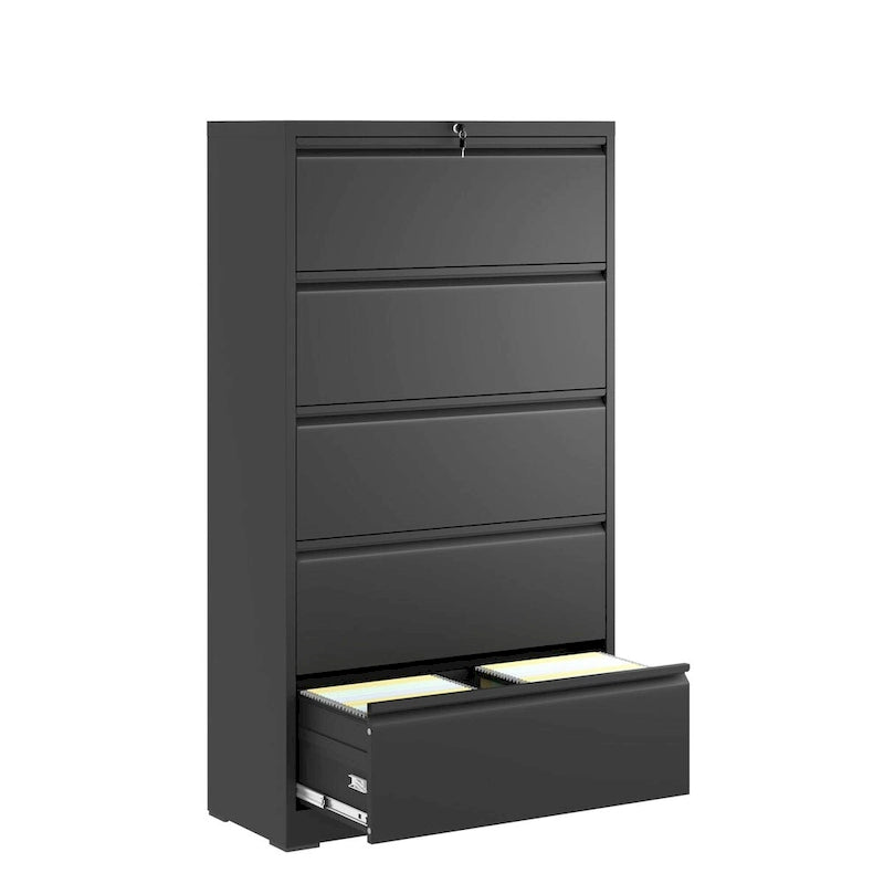 5 Drawer Metal Lateral File Cabinet,Black Filing Cabinet with Lock, Lockable File Cabinet for Home Office
