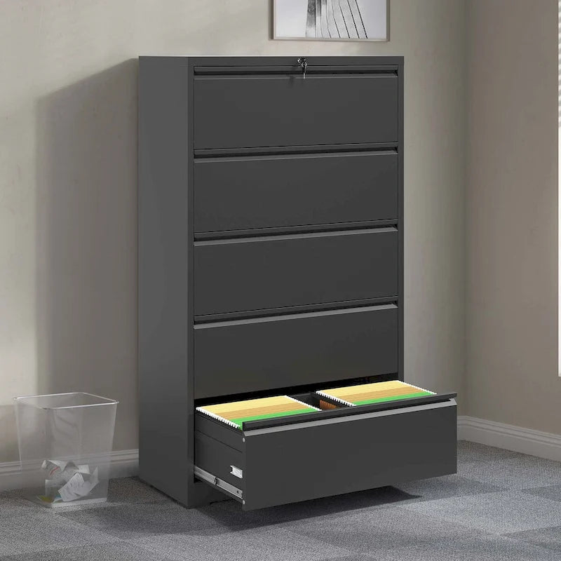 Classeur latéral en métal à 5 tiroirs, classeur noir avec serrure, classeur verrouillable pour bureau à domicile